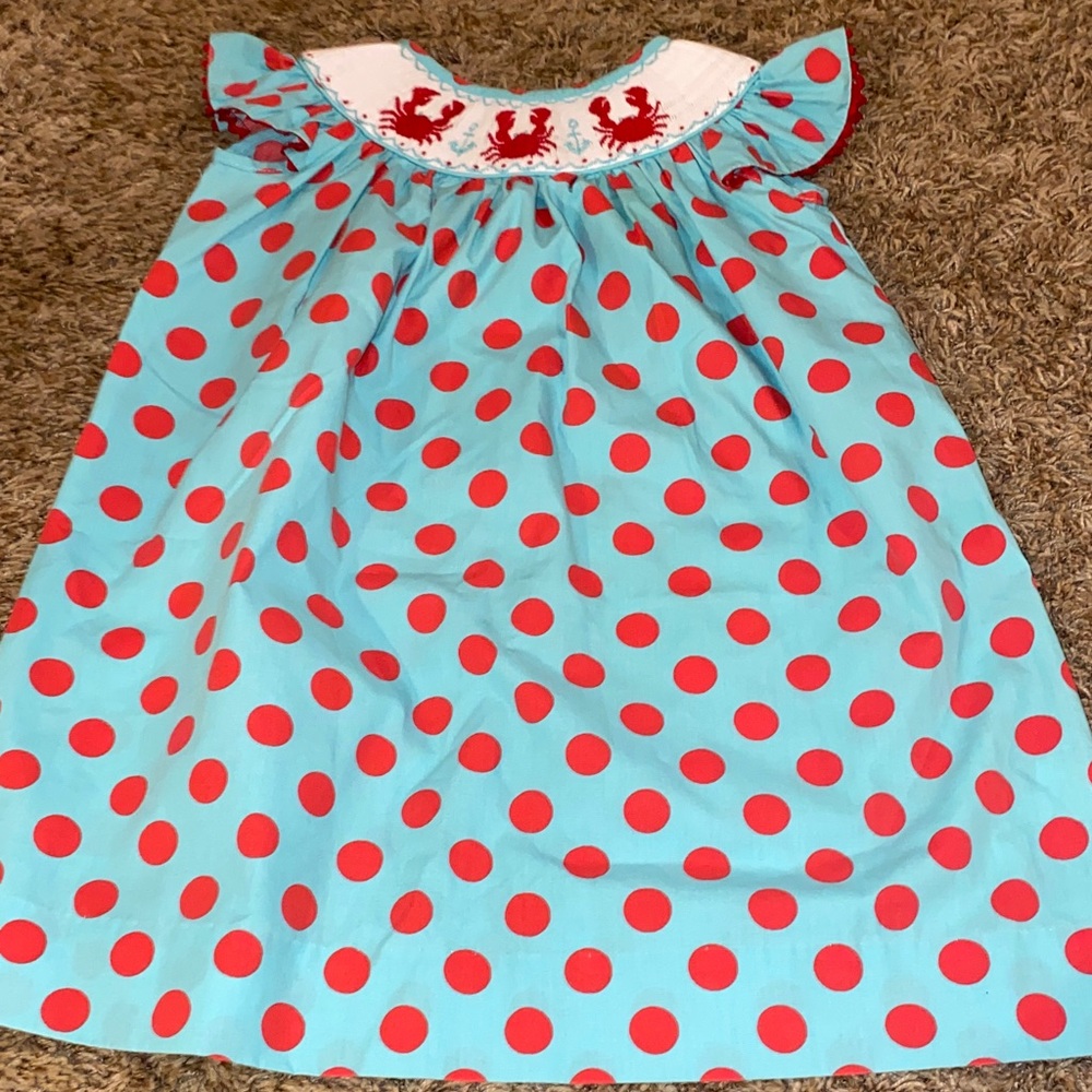 Aqua Dress with Red Polka Dots and Lobster Embroidery